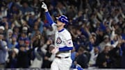 Oct 9, 2025; Chicago, Illinois, USA; Chicago Cubs right fielder Kyle Tucker (30) reacts after hitting a home run against the Milwaukee Brewers during the seventh inning for game four of the NLDS round for the 2025 MLB playoffs at Wrigley Field. Mandatory Credit: David Banks-Imagn Images
