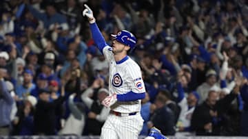 Oct 9, 2025; Chicago, Illinois, USA; Chicago Cubs right fielder Kyle Tucker (30) reacts after hitting a home run against the Milwaukee Brewers during the seventh inning for game four of the NLDS round for the 2025 MLB playoffs at Wrigley Field. Mandatory Credit: David Banks-Imagn Images
