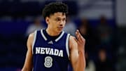 Feb 4, 2025; Colorado Springs, Colorado, USA; Nevada Wolf Pack guard Kobe Sanders (8) gestures in the second half against the Air Force Falcons at Clune Arena. Mandatory Credit: Isaiah J. Downing-Imagn Images