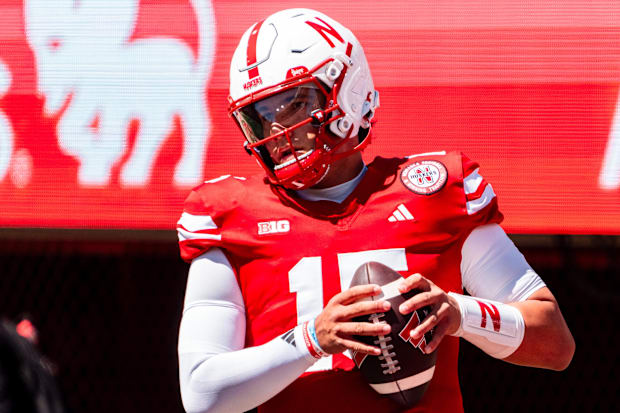 Nebraska Cornhuskers quarterback Dylan Raiola (15) warms up before a game against the UTEP Miners