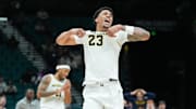 Nov 26, 2025; Las Vegas, NV, USA; Michigan Wolverines forward Yaxel Lendeborg (23) reacts in the second half against the Gonzaga Bulldogs in the 2025 Players Era Festival championship game at MGM Grand Garden Arena. Mandatory Credit: Kirby Lee-Imagn Images