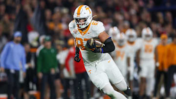 Nov 16, 2024; Athens, Georgia, USA; Tennessee Volunteers tight end Miles Kitselman (87) runs after a catch against the Georgia Bulldogs in the first quarter at Sanford Stadium. Mandatory Credit: Brett Davis-Imagn Images