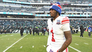 Jan 5, 2025; Philadelphia, Pennsylvania, USA; New York Giants wide receiver Malik Nabers (1) walks off the field after loss to Philadelphia Eagles at Lincoln Financial Field. 