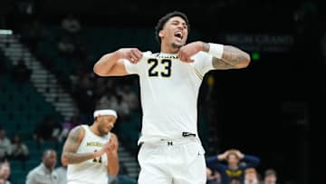 Nov 26, 2025; Las Vegas, NV, USA; Michigan Wolverines forward Yaxel Lendeborg (23) reacts in the second half against the Gonzaga Bulldogs in the 2025 Players Era Festival championship game at MGM Grand Garden Arena. Mandatory Credit: Kirby Lee-Imagn Images
