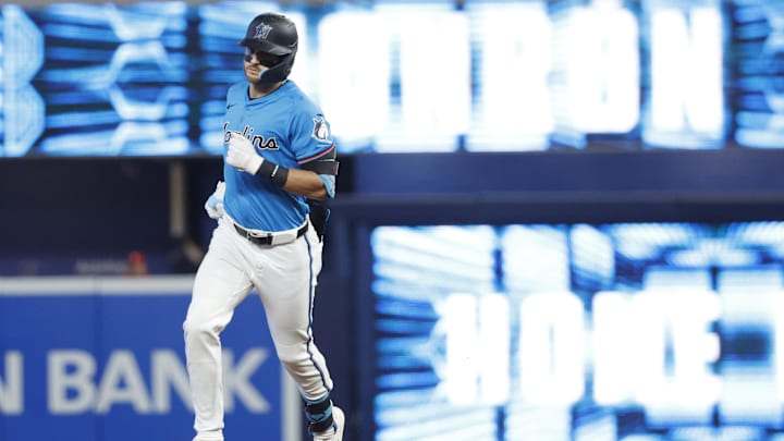 Sep 8, 2024; Miami, Florida, USA;  Miami Marlins second baseman Connor Norby (24) rounds the bases following his two run home run against the Philadelphia Phillies in the first inning at loanDepot Park.