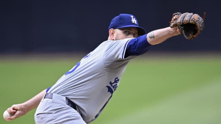 May 11, 2024; San Diego, California, USA; Los Angeles Dodgers starting pitcher James Paxton (65) throws a pitch against the San Diego Padres during the first inning at Petco Park. Mandatory Credit: Orlando Ramirez-USA TODAY Sports