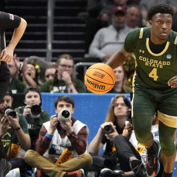 Mar 21, 2024; Charlotte, NC, USA; Colorado State Rams guard Isaiah Stevens (4) dribbles downcourt in the first round of the 2024 NCAA Tournament at Spectrum Center. Mandatory Credit: Bob Donnan-USA TODAY Sports