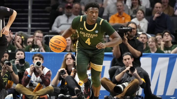 Mar 21, 2024; Charlotte, NC, USA; Colorado State Rams guard Isaiah Stevens (4) dribbles downcourt in the first round of the 2024 NCAA Tournament at Spectrum Center. Mandatory Credit: Bob Donnan-USA TODAY Sports