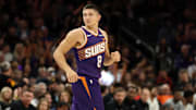 Nov 10, 2025; Phoenix, Arizona, USA; Phoenix Suns guard Grayson Allen (8) against the New Orleans Pelicans in the second half at the Mortgage Matchup Center. Mandatory Credit: Mark J. Rebilas-Imagn Images