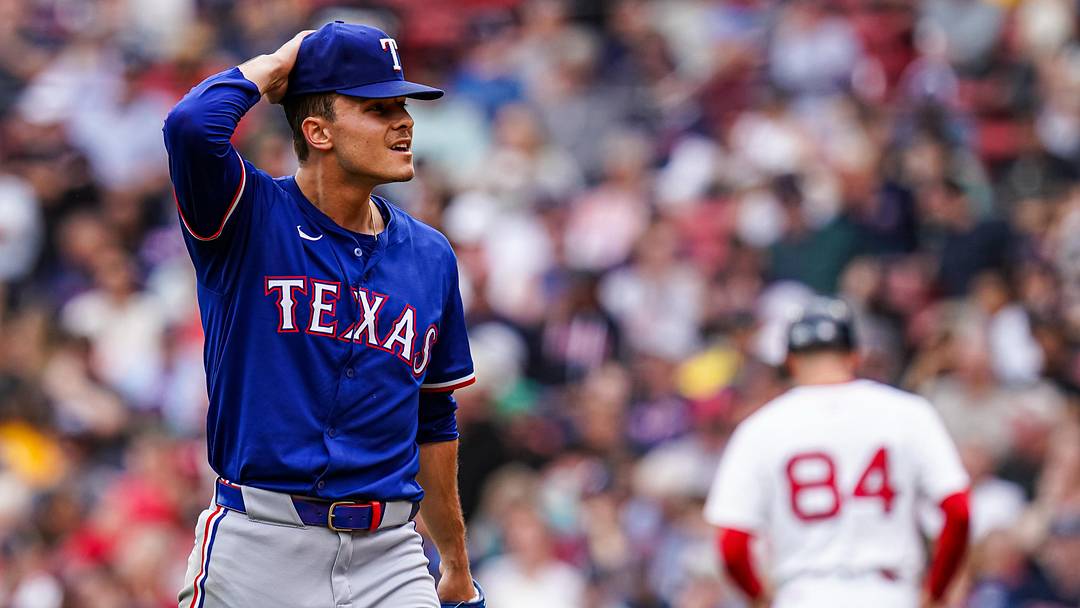 May 8, 2025; Boston, Massachusetts, USA; Texas Rangers pitcher Jack Leiter (35) walks to the dugout after four innings against the Boston Red Sox at Fenway Park. Mandatory Credit: David Butler II-Imagn Images May 8, 2025; Boston, Massachusetts, USA; Texas Rangers pitcher Jack Leiter (35) walks to the dugout after four innings against the Boston Red Sox at Fenway Park. Mandatory Credit: David Butler II-Imagn Images