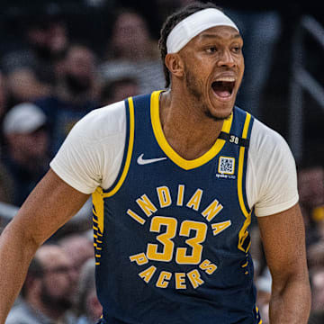 Mar 7, 2024; Indianapolis, Indiana, USA; Indiana Pacers center Myles Turner (33) reacts to a shot during the first half against the Minnesota Timberwolves at Gainbridge Fieldhouse.