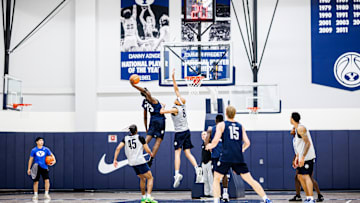 BYU freshman AJ Dybansta attempts poster dunk in Summer practice