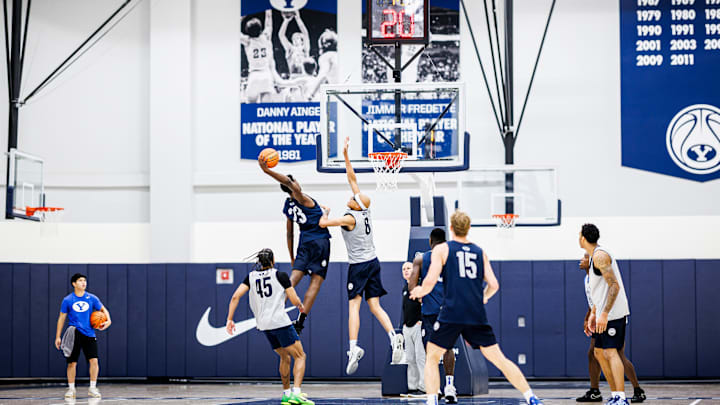 BYU freshman AJ Dybansta attempts poster dunk in Summer practice