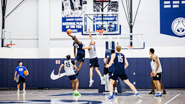 BYU freshman AJ Dybansta attempts poster dunk in Summer practice