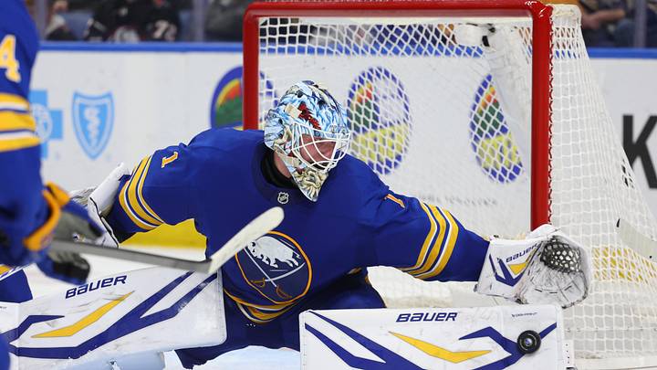 Mar 31, 2026; Buffalo, New York, USA;  Buffalo Sabres goaltender Ukko-Pekka Luukkonen (1) makes a pad save during the third period against the New York Islanders at KeyBank Center. Mandatory Credit: Timothy T. Ludwig-Imagn Images