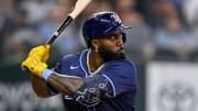 Jul 6, 2024; Arlington, Texas, USA; Tampa Bay Rays left fielder Randy Arozarena (56) in action during the game between the Texas Rangers and the Tampa Bay Rays at Globe Life Field