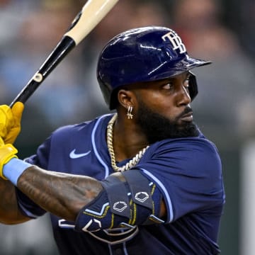 Jul 6, 2024; Arlington, Texas, USA; Tampa Bay Rays left fielder Randy Arozarena (56) in action during the game between the Texas Rangers and the Tampa Bay Rays at Globe Life Field