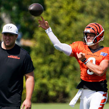 Cincinnati Bengals quarterback Joe Burrow (9) participates in drills during practice, Thursday, Sept. 5, 2024, at the Kettering Health Practice Fields outside of Paycor Stadium in Cincinnati.