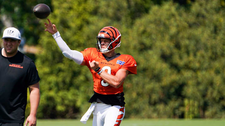 Cincinnati Bengals quarterback Joe Burrow (9) participates in drills during practice, Thursday, Sept. 5, 2024, at the Kettering Health Practice Fields outside of Paycor Stadium in Cincinnati.