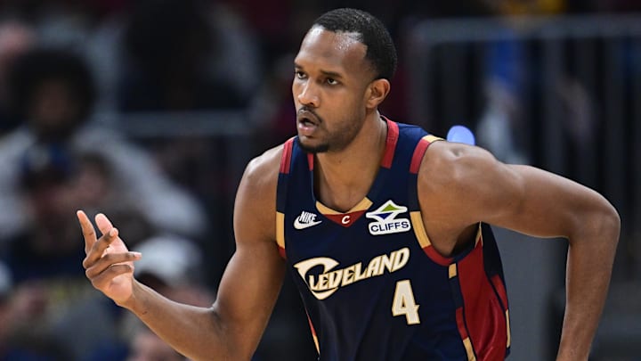 Apr 20, 2026; Cleveland, Ohio, USA; Cleveland Cavaliers center Evan Mobley (4) celebrates after making a three point basket during the second half during game two of the first round of the 2026 NBA Playoffs against the Toronto Raptors at Rocket Arena. Mandatory Credit: David Dermer-Imagn Images
