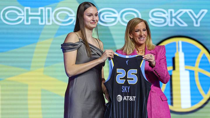 Apr 14, 2025; New York, New York, USA; Ajsa Sivka poses with WNBA commissioner Cathy Engelbert after being selected with the number ten overall pick to the Chicago Sky in the 2025 WNBA Draft at The Shed at Hudson Yards. Mandatory Credit: Vincent Carchietta-Imagn Images