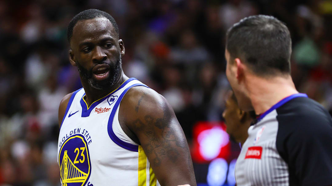 Mar 26, 2024; Miami, Florida, USA; Golden State Warriors forward Draymond Green (23) reacts toward a