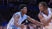 Mar 14, 2025; Charlotte, NC, USA; Duke Blue Devils guard Sion James (14) handles the ball against North Carolina Tar Heels guard Drake Powell (9) during the second half at Spectrum Center. Mandatory Credit: Jim Dedmon-Imagn Images