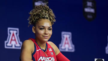 Oct 22, 2024; Kansas City, MO, USA; Arizona Wildcats guard Jada Williams (2) talks to media during the Big 12 Women’s Basketball Media Day at T-Mobile Center. Mandatory Credit: Jay Biggerstaff-Imagn Images