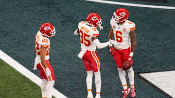 Feb 9, 2025; New Orleans, LA, USA; Kansas City Chiefs safety Bryan Cook (6) reacts with cornerback Jaylen Watson (35) and cornerback Trent McDuffie (22) after an interception during the second quarter in Super Bowl LIX  against the Philadelphia Eagles at Caesars Superdome. Mandatory Credit: Kirby Lee-Imagn Images