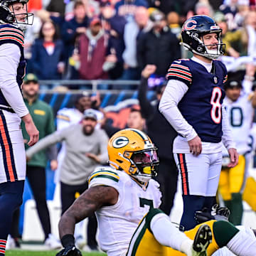 In the background, Jordan Love celebrates Karl Brooks' game-saving blocked field goal at Chicago last year.