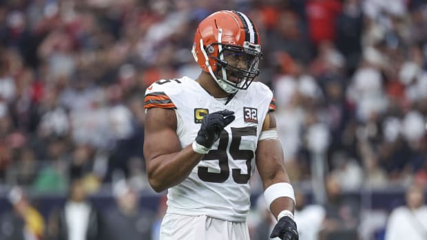 Cleveland Browns defensive end Myles Garrett (95) reacts in a 2024 AFC wild card game against the Houston Texans at NRG Stadi