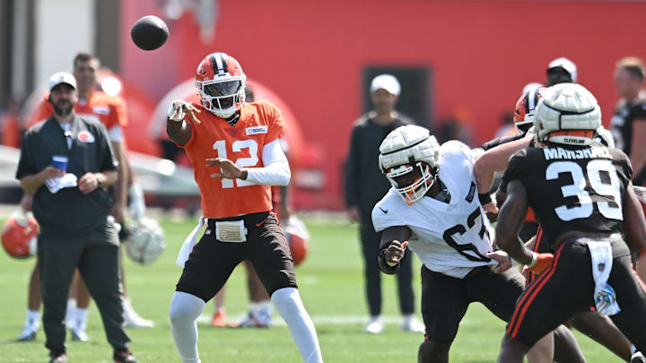Jul 28, 2025; Berea, OH, USA; Cleveland Browns quarterback Shedeur Sanders (12) throws a pass during training camp at CrossCountry Mortgage Campus. Mandatory Credit: Ken Blaze-Imagn Images