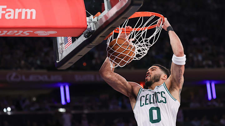 May 12, 2025; New York, New York, USA; Boston Celtics forward Jayson Tatum (0) dunks the ball in the second half during game four of the second round for the 2025 NBA Playoffs against the New York Knicks at Madison Square Garden. Mandatory Credit: Vincent Carchietta-Imagn Images