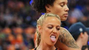 Jul 19, 2024: Phoenix Mercury teammates Sophie Cunningham and Brittney Griner pose for a photo during WNBA All Star Skills Night.