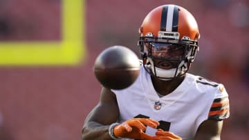 Aug 27, 2022; Cleveland, Ohio, USA; Cleveland Browns wide receiver Donovan Peoples-Jones (11) catches the ball during warm ups before the game against the Chicago Bears at FirstEnergy Stadium. Mandatory Credit: Scott Galvin-USA TODAY Sports