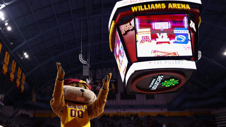 Feb 12, 2022; Minneapolis, Minnesota, USA; Minnesota Gophers mascot Goldy Gopher entertains the crowd prior to the game against the Penn State Nittany Lions at Williams Arena. Mandatory Credit: Harrison Barden-USA TODAY Sports