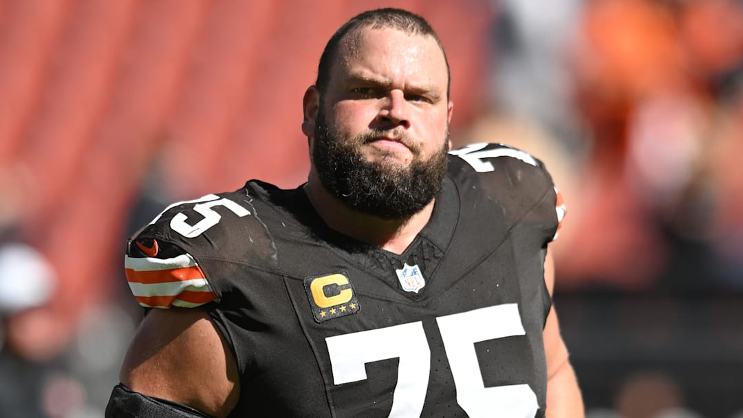 Sep 7, 2025; Cleveland, Ohio, USA; Cleveland Browns guard Joel Bitonio (75) at Huntington Bank Field. Mandatory Credit: Ken Blaze-Imagn Images