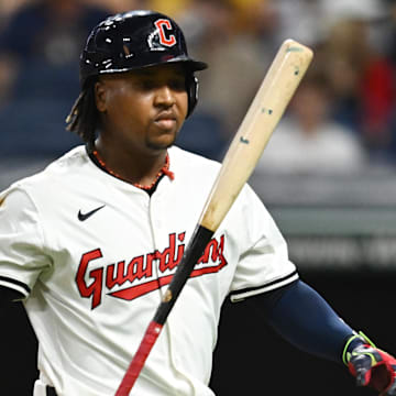 Aug 31, 2024; Cleveland, Ohio, USA; Cleveland Guardians third baseman Jose Ramirez (11) reacts after striking out during the ninth inning against the Pittsburgh Pirates at Progressive Field. Mandatory Credit: Ken Blaze-Imagn Images