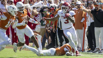 Oct 7, 2023; Dallas, Texas, USA; Oklahoma Sooners wide receiver Jalil Farooq (3) in action during the game between the Texas Longhorns and the Oklahoma Sooners at the Cotton Bowl. Mandatory Credit: Jerome Miron-USA TODAY Sports