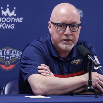 Sep 26, 2022; New Orleans, LA, USA;   New Orleans Pelicans vice president of basketball operations David Griffin during a press conference at the New Orleans Pelicans Media Day from the Smoothie King Center.