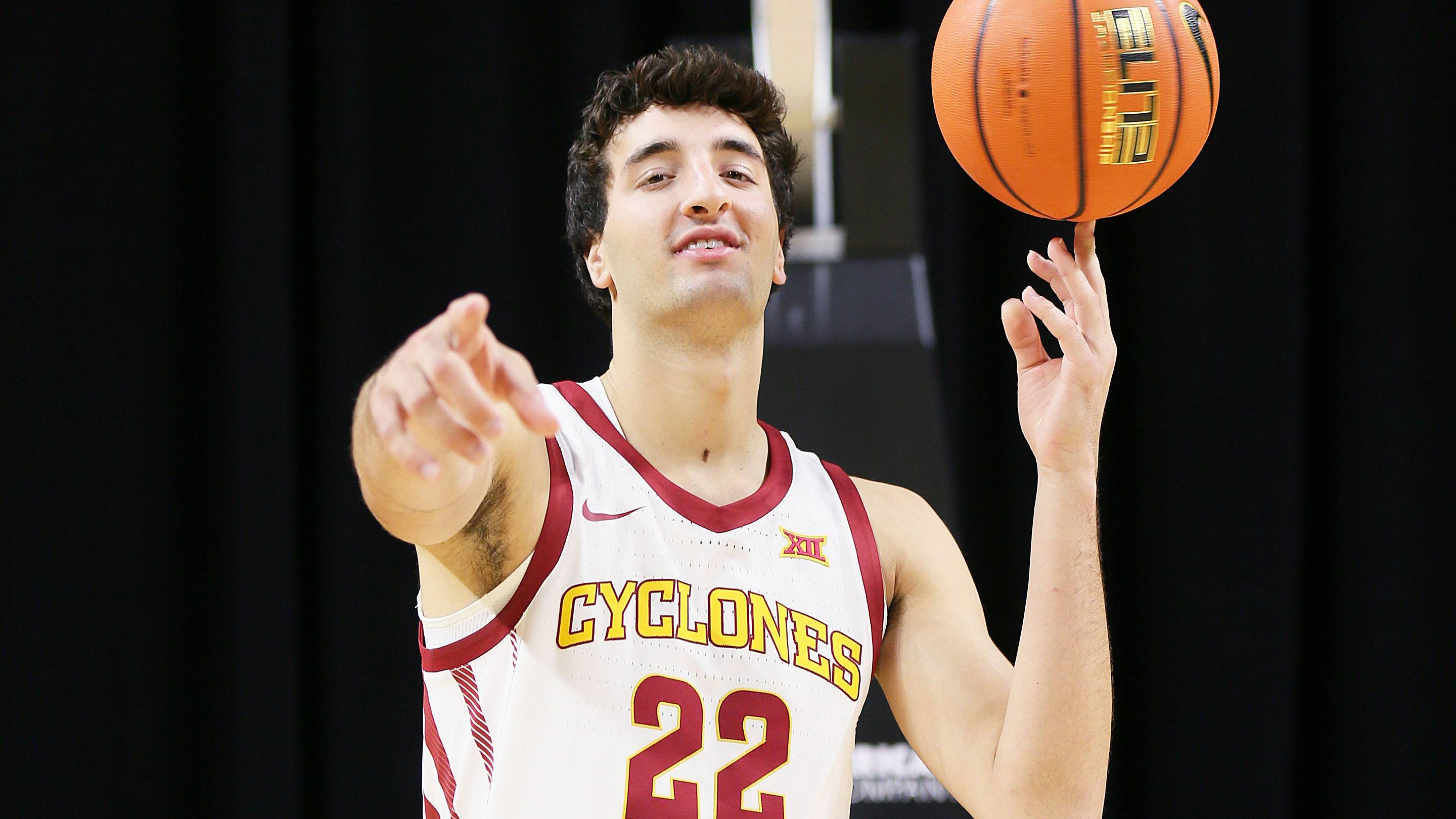 Iowa State Cyclones forward Milan Momcilovic (22) poses at the university men's basketball media day at Hilton Coliseum on Wednesday, Oct. 11, 2023, in Ames, Iowa.
