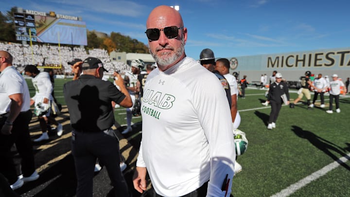 Oct 12, 2024; West Point, New York, USA; UAB Blazers head coach Trent Dilfer walks off the field after a 44-10 loss against the Army Black Knights at Michie Stadium. Oct 12, 2024; West Point, New York, USA; UAB Blazers head coach Trent Dilfer walks off the field after a 44-10 loss against the Army Black Knights at Michie Stadium.