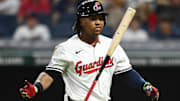Aug 31, 2024; Cleveland, Ohio, USA; Cleveland Guardians third baseman Jose Ramirez (11) reacts after striking out during the ninth inning against the Pittsburgh Pirates at Progressive Field. Mandatory Credit: Ken Blaze-Imagn Images