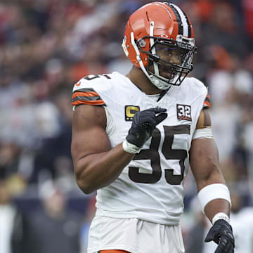 Jan 13, 2024; Houston, Texas, USA; Cleveland Browns defensive end Myles Garrett (95) reacts in a 2024 AFC wild card game against the Houston Texans at NRG Stadium.