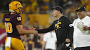 Arizona State head coach Kenny Dillingham has molded quarterback Sam Leavitt (10) into one of the best QBs in the Big 12.