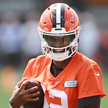 Jun 10, 2025; Berea, OH, USA; Cleveland Browns quarterback Shedeur Sanders (12) runs a drill during minicamp at CrossCountry Mortgage Campus. Mandatory Credit: Ken Blaze-Imagn Images
