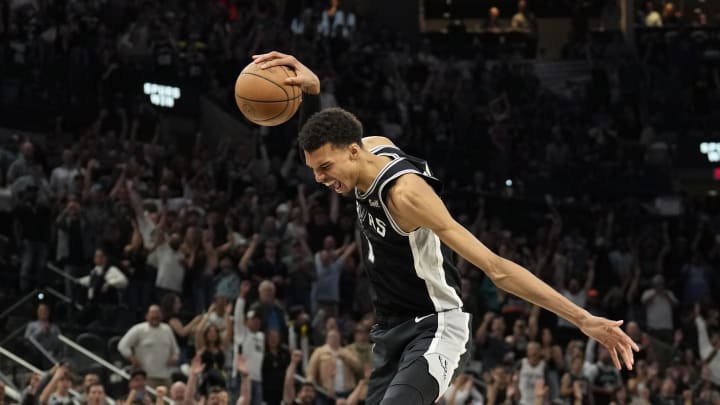 Apr 12, 2024; San Antonio, Texas, USA; San Antonio Spurs forward Victor Wembanyama (1) reacts after a victory over the Denver Nuggets at Frost Bank Center. Mandatory Credit: Scott Wachter-USA TODAY Sports