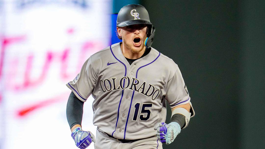 Colorado Rockies catcher Hunter Goodman (15) celebrates hitting a two-run home run. Colorado Rockies catcher Hunter Goodman (15) celebrates hitting a two-run home run.