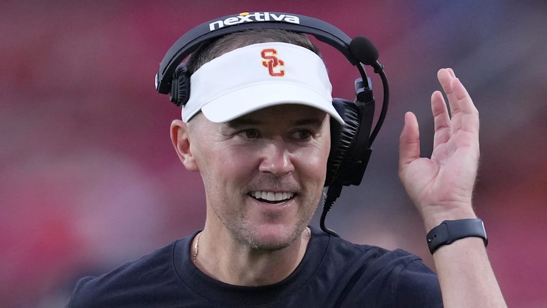 Sep 2, 2023; Los Angeles, California, USA; Southern California Trojans head coach Lincoln Riley reacts against the Nevada Wolf Pack  in the second half at United Airlines Field at Los Angeles Memorial Coliseum. Mandatory Credit: Kirby Lee-Imagn Images