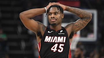 Mar 15, 2025; Memphis, Tennessee, USA; Miami Heat point guard Davion Mitchell (45) reacts after turning the ball over in the fourth quarter of the game against the Miami Heat at FedExForum. Mandatory Credit: Matthew Smith-Imagn Images